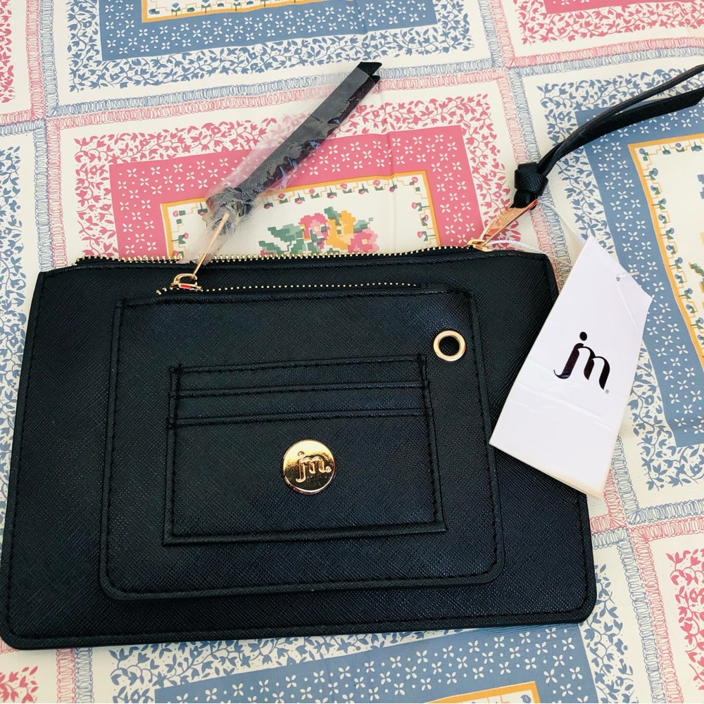 Jessica Moore Lush Zip Pouch Black Clutch Bag Zipper Closure Striped Inside